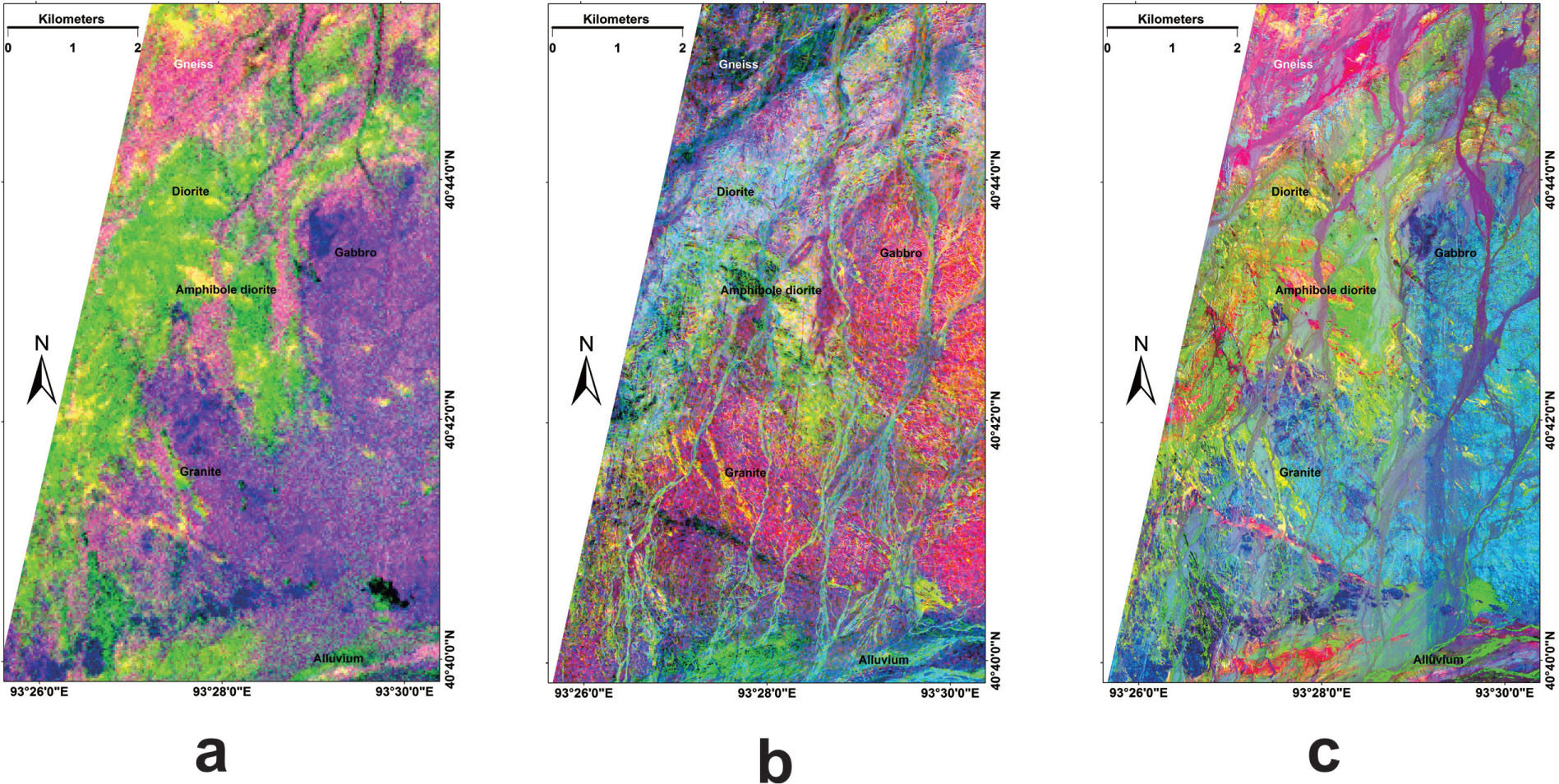 Figure 5 The results of band combinations derived from PCA result (R:G:B = 2:1:3), a. result of the ASTER data, b. result of the fusion data, c. result of the WV-3 data