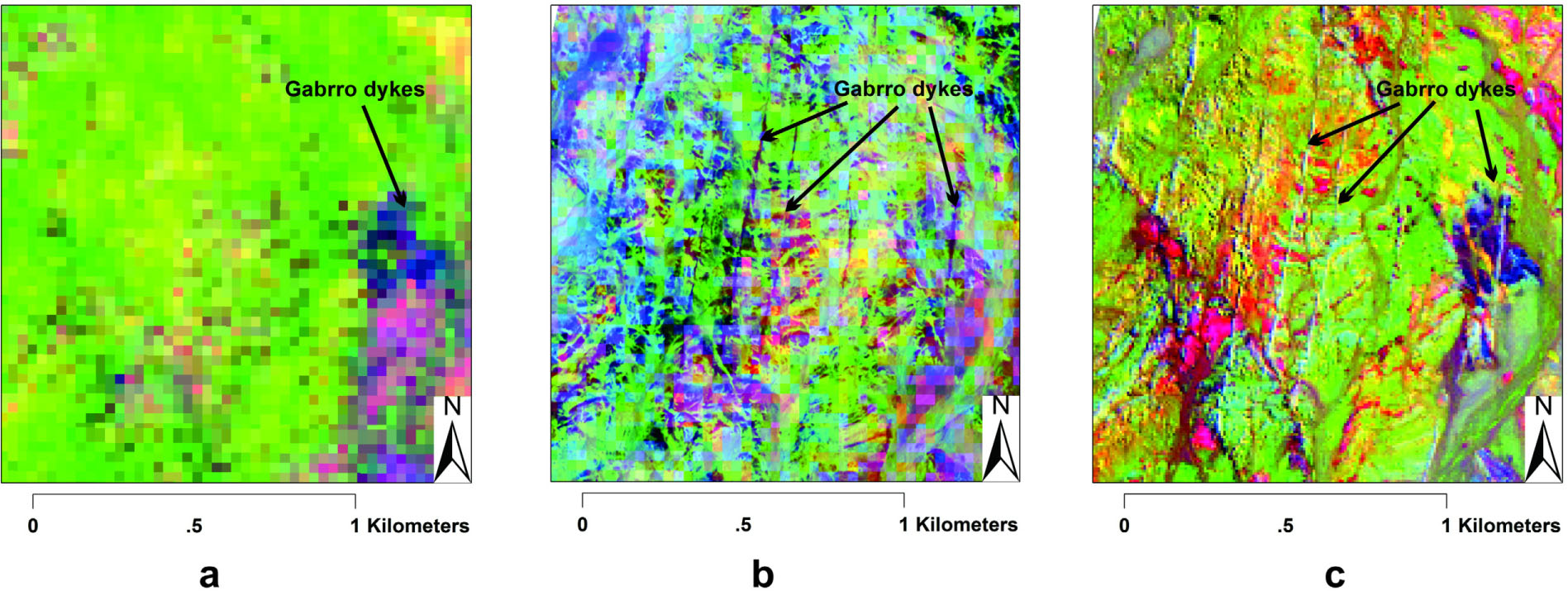 Figure 6 Comparison of the three kinds of PCA images in highlighting the gabbro dykes (a. the ASTER data, b. the fusion data, c. the WV-3 data)