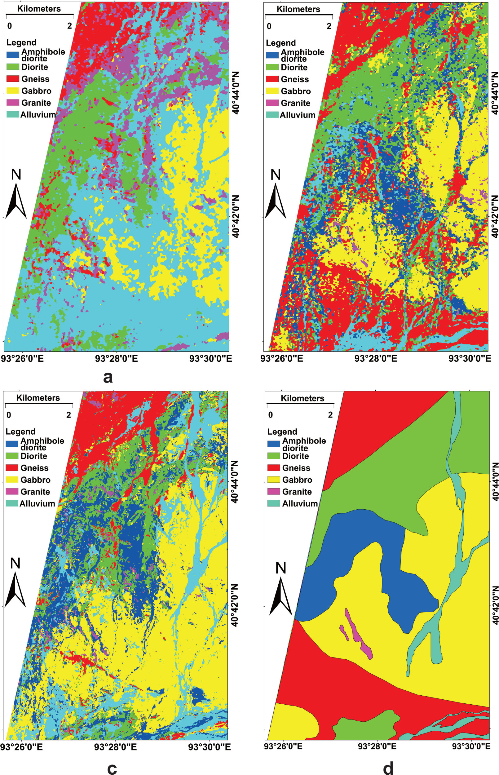 Figure 7 The classification results of the three kinds of data using SVM method (a. the ASTER data, b. the fusion data, c. the WV-3 data, d. the pre-existing geological map)