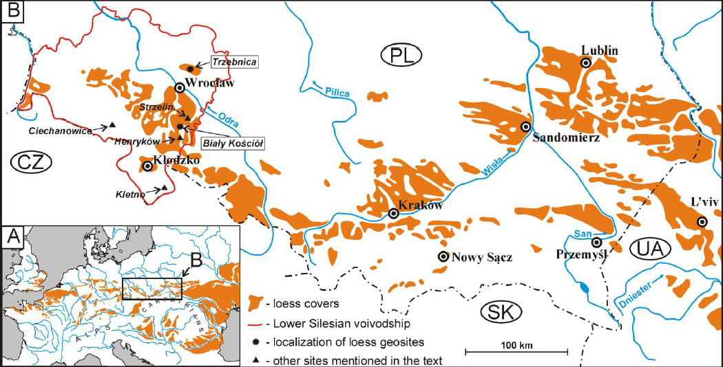 Figure 1 A – Map of loess distribution in Europe; B - Location of all Lower Silesian loess geosites and other sites mentioned in the text on the background of loess distribution in Poland (acc. 31 - modified).