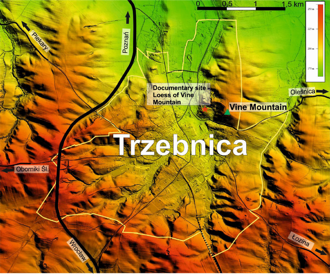 Figure 2 Location of documentary site "Loess of Vine Mountain" in Trzebnica on the background of digital elevation model.