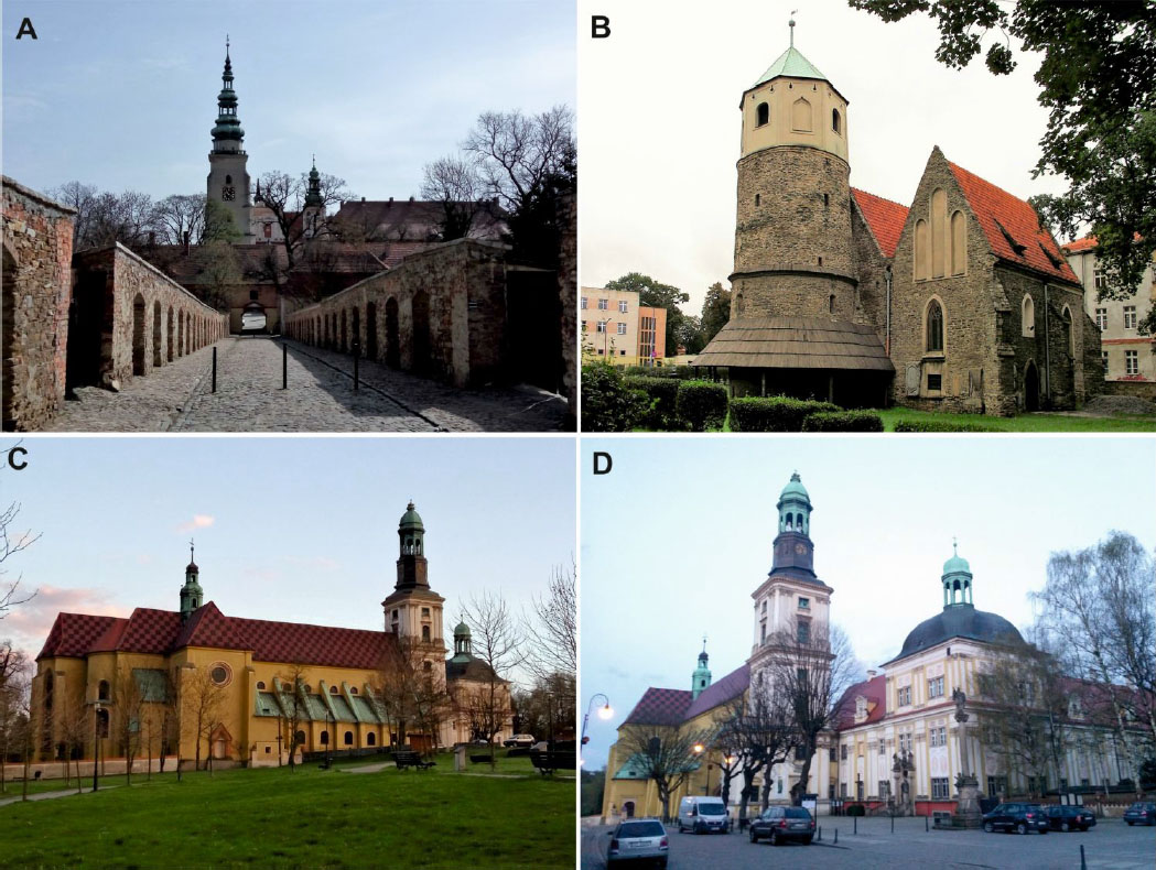 Figure 9 Cultural heritage located near the loess documentary sites: A - Cistercian Monastery in Henryków; B - Romanesque St. Godehard’s Rotunda in Strzelin; C,D - Sanctuary of St. Jadwiga in Trzebnica (photos: Z. Jary, P. Owczarek, W. Jary).