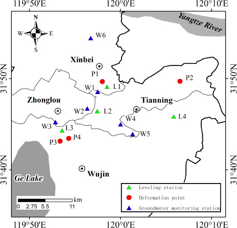 Figure 2 The location of leveling stations, deformation points and groundwater monitoring stations distributed in the study area.