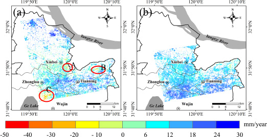 Figure 4 Deformation rates projected onto the vertical direction for COSMO-SkyMED and Sentinel-1A data at the selected study area. A, B and C represent the regions with serious land subsidence (a) COSMO-SkyMED measurements, (b) Sentinel-1A measurements.