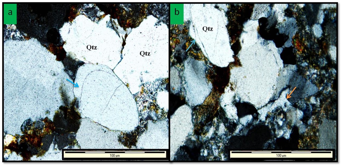 Figure 3 (a) Photomicrograph showing quartz overgrowth (blue arrow) in the sandstone of the Molteno Formaiton (Sample M4). (b) Quartz cement (orange arrow) and quartz overgrowth (blue arrow) in the sandstone of the Clarens Formation (Sample C18).