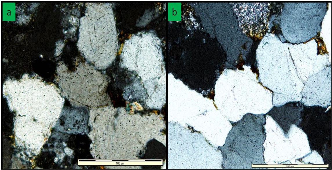 Figure 12 Photomicrograph of sandstone showing (a) point, long contacts between detrital grains (Sample Cd5), (b) concave-convex and sutured grain contacts between grains (Sample Cd5).