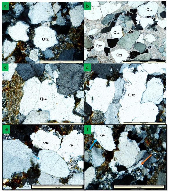 Figure 3 Photomicrograph of quartz grains showing: (a) Subangular quartz grains from the Clarens Formation; (b) Sub-rounded quartz grains with overgrowth (arrow) from the Elliot Formation; (c) Polycrystalline quartz grain from the Elliot Formation; (d) Polycrystalline quartz grain with sutured boundaries from the Molteno Formation; (e) quartz overgrowth (blue arrow) within a sandstone from Molteno Formation; (f) Quartz cement (orange arrow) and quartz overgrowth (blue arrow) within a sandstone of Clarens Formation.