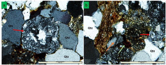 Figure 5 Photomicrograph showing: (a) Metamorphic lithic (red arrow) in sandstone of the Molteno Formation; (b) Igneous lithic (red arrow) in sandstone of the Elliot Formation. Figure 5b also shows partial albitization of clay matrix (orange arrow) and hematite cement (green arrow).