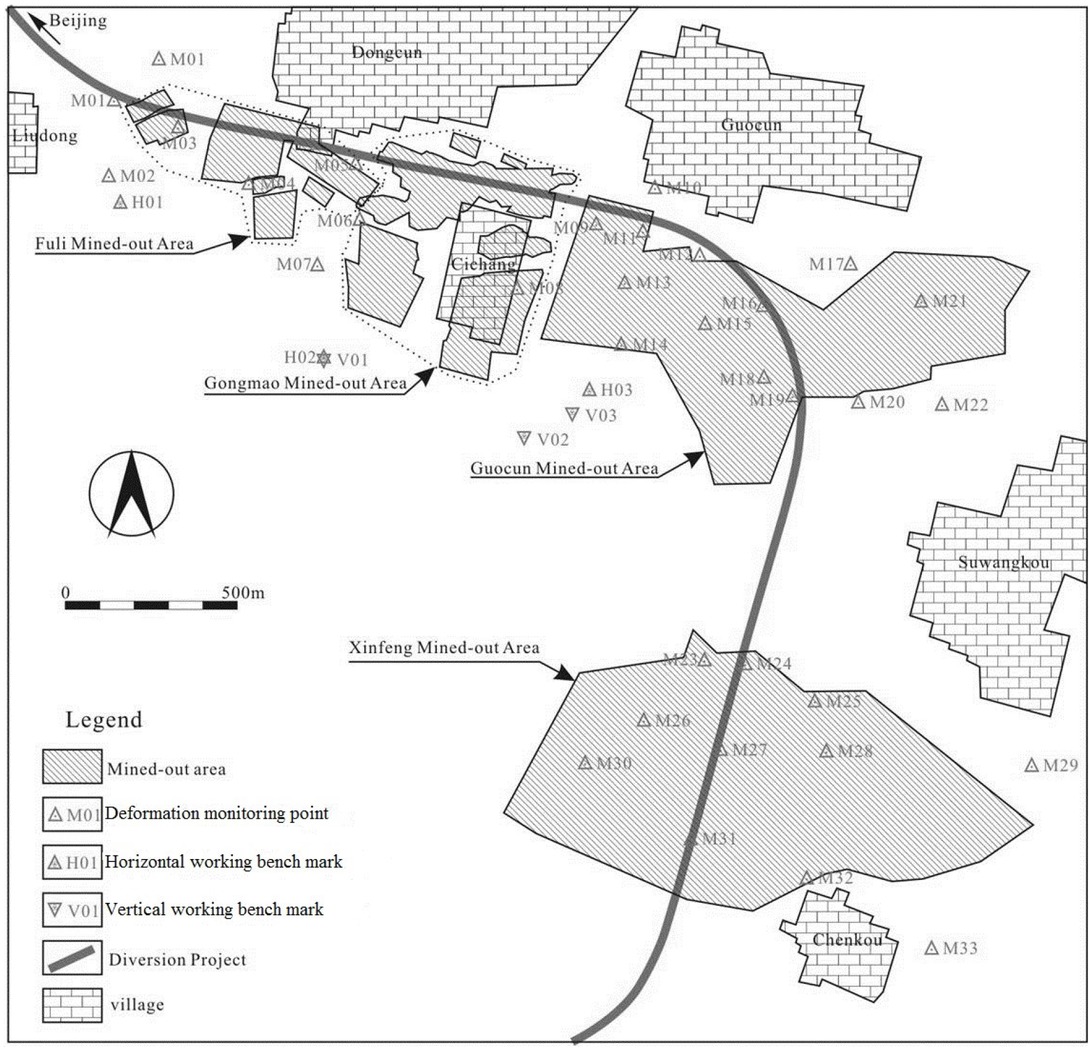 Figure 1 Schematic layout of mined-out areas along Yuzhou section of the Diversion Project.