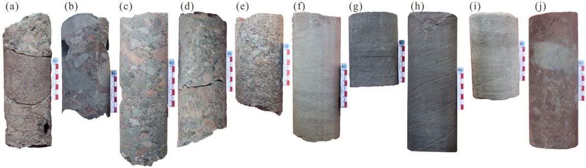 Figure 2 Core photos in different lithology of Baikouquan Formation of Mahu Depression. (a) Boulder (>128 mm), 17 lithological layers in total. (b) Cobble (32-128 mm), 378 lithological layers in total. (c) Coarse-pebble (16-32 mm), 813 lithological layers in total. (d) Fine-pebble (8-16 mm), 789 lithological layers in total. (e) Granule (2-8 mm), 465 lithological layers in total. (f) Coarse-sandstone, 128 lithological layers in total. (g) Medium-sandstone, 49 lithological layers in total. (h) Fine-sandstone, 59 lithological layers in total. (i) Siltstone, 59 lithological layers in all. (j) Mudstone, 123 lithological layers in total.