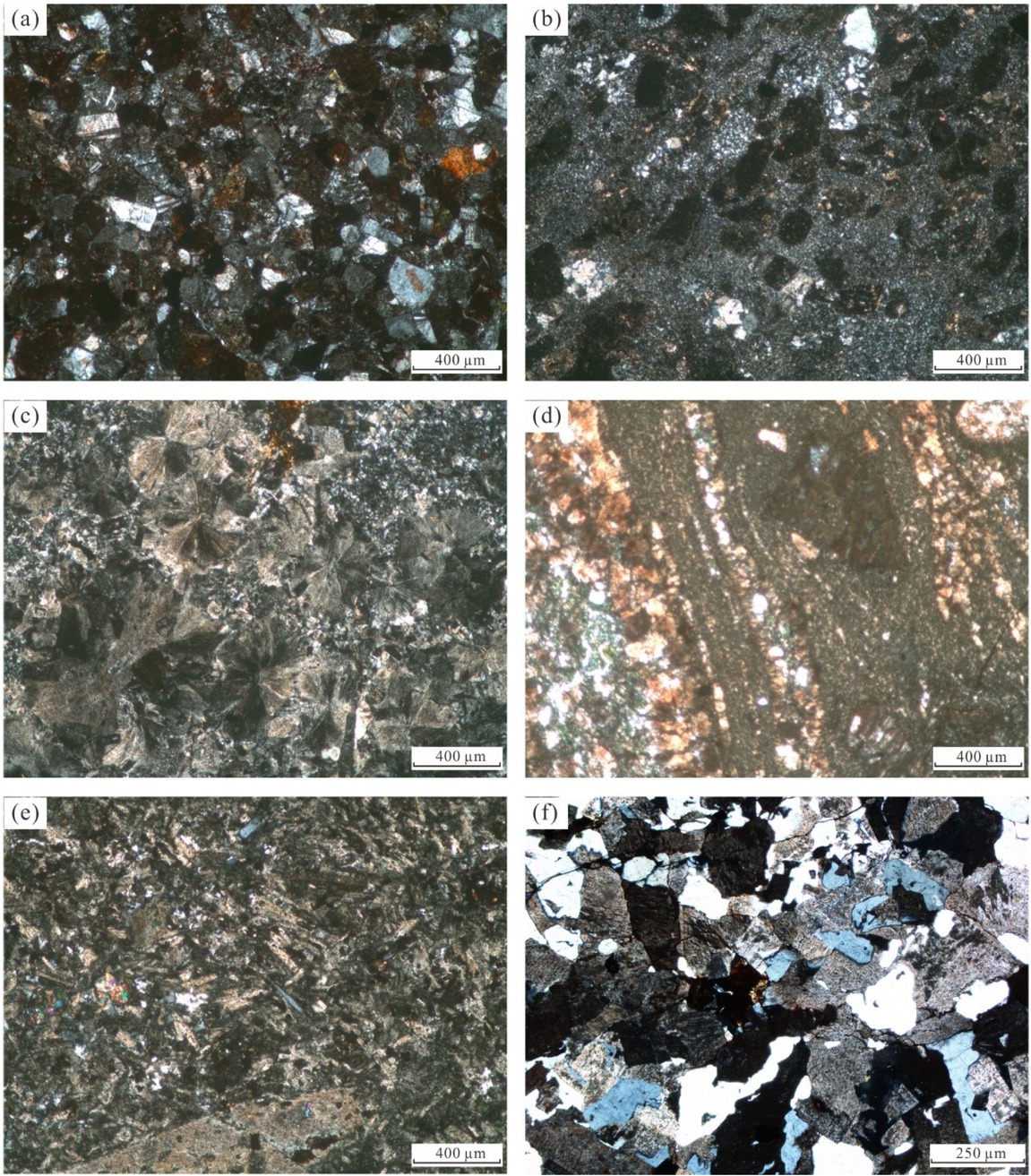 Figure 6 Section photos of conglomeratic mineral in Baikouquan Formation. The sections are from single gravel whose grain-size is greater than 3 cm. (a) Debris-arkosic sandstone, cross-polarized light, 2089.4 m in Well X9. (b) Volcanic tuff, cross-polarized light, 2026.12 m in Well X9. (c) Felsite, cross-polarized light, 2342.62 m in Well X10. (d) Rhyolite, plane-polarized light, 2231.47 m in Well X10. (e) Andesite, cross-polarized light, 2060.12 m in Well X9. (f) Granite, cross-polarized light, 2439.95 m in Well X62.