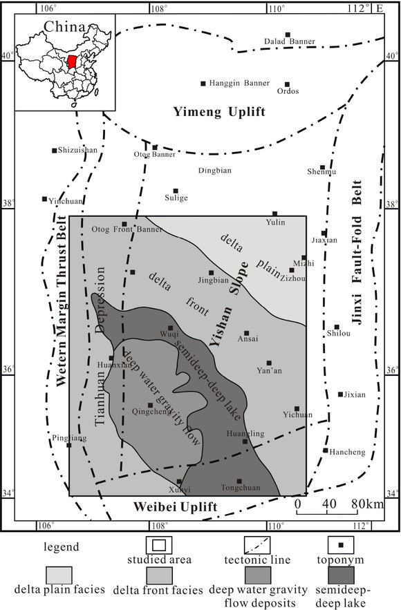 Figure 1 Tectonic map and sedimentary facies in the study area.