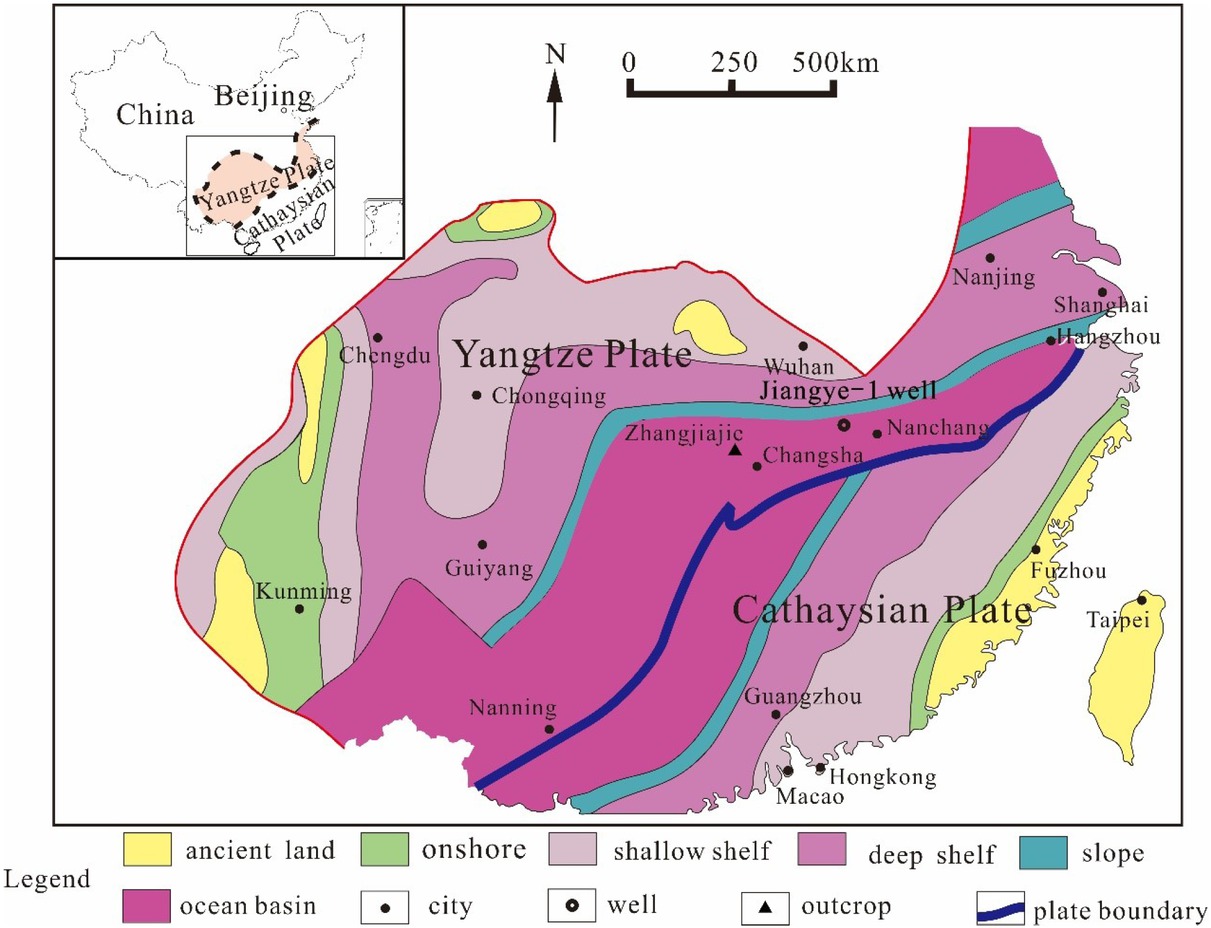 Figure 1 The sedimentary characteristics of the Yangtze Plate and the Cathaysian Plate during the Early Cambrian in South China. The hydrothermal activity in the Early Cambrian came from the junction of the Yangtze Plate and the Cathaysian Plate. And the Jiangye-1 well in Xiuwu Basin was close to the junction of the plate, so the Lower Cambrian shale in Jiangye-1 well was affected by the hydrothermal activity during sedimentation. Modified after references [2829].