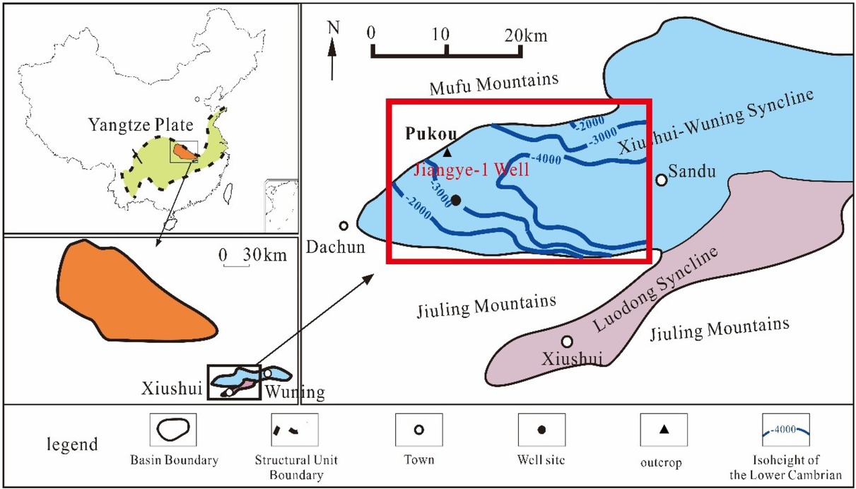 Figure 2 The Xiuwu Basin is located in the Lower Yangtze area on the southeastern side of the Jianghan Basin. It consists of the Xiushui-Wu Ning and Luodong synclines. The study area is located on the west side of the Xiushui-Wuning syncline, in which the Jiangye-1 well is drilled.