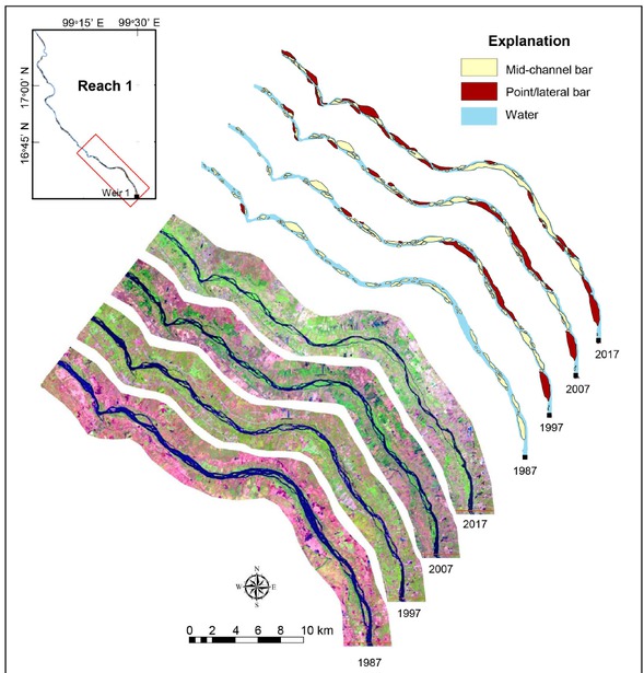 Figure 5 Detection of channel dynamic of the Lower Ping River near the end of Reach 1 above the 1st weir of the Lower Mae Ping Weir Project.