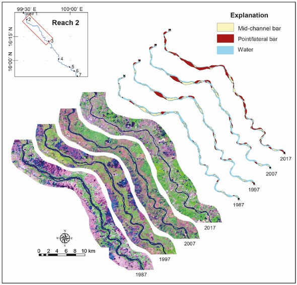 Figure 6 Sequential changes in the planform of the Lower Ping River over 30 years period. Series of Landsat images show the sand bars had been increasing progressively from 1987 onwards in Reach 2.