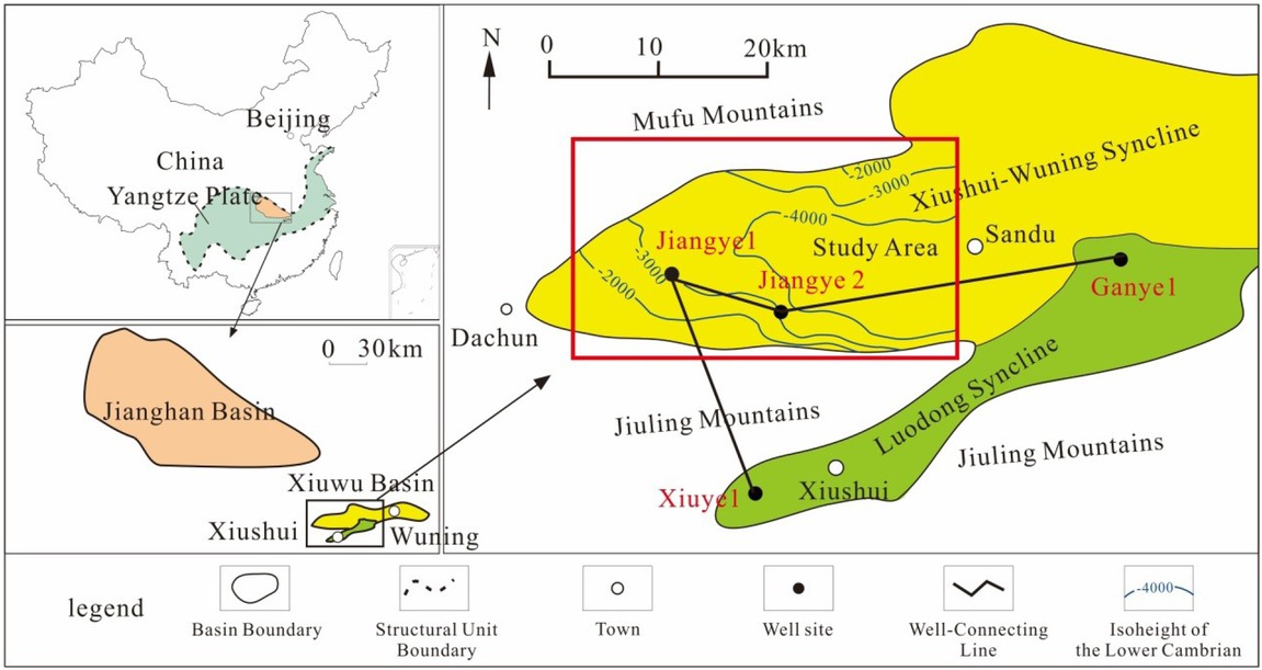 Figure 1 The geological map shows the study area with locations of wells and outcrops. Modified from references [28].