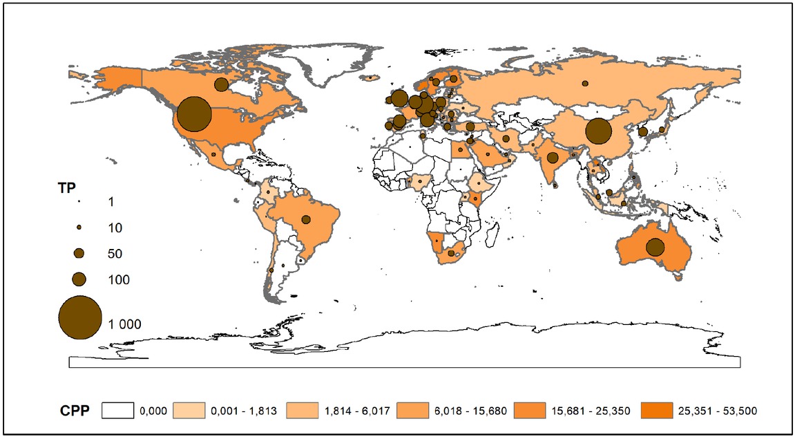 Figure 6 Geographical distribution of countries involved in SDQ&U research