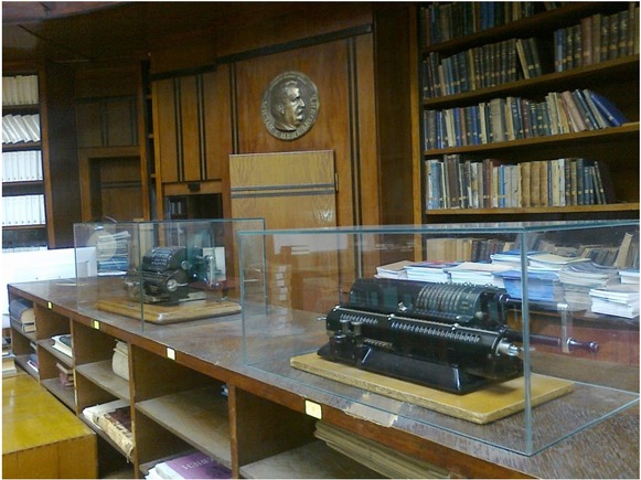 Figure 4 Desktop mechanical calculators on display at the library of the Astronomical Observatory in Belgrade (Photo: N. Janc, June 2015).