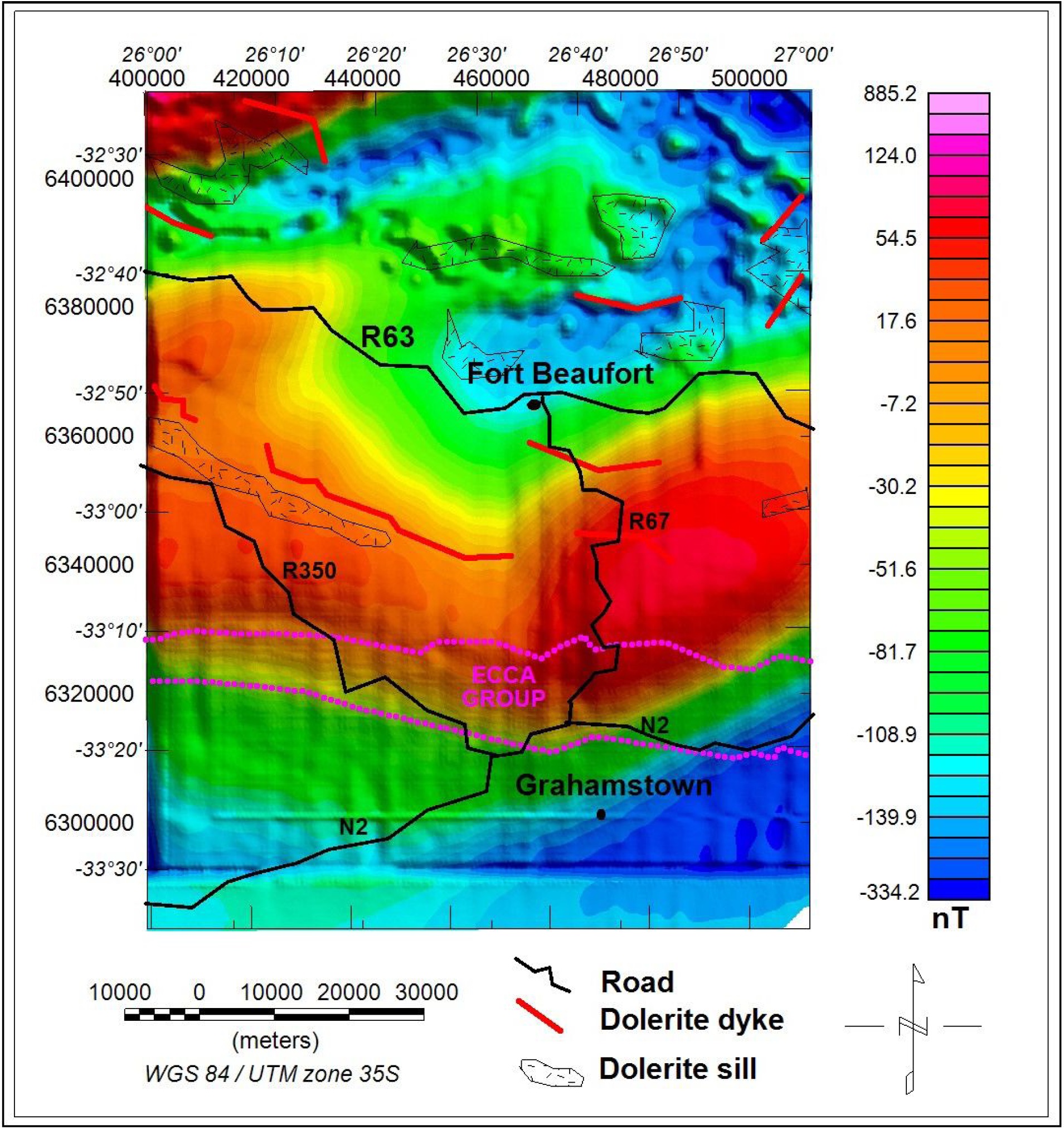 Figure 12 Reduced to the pole (RTP) magnetic anomaly map overlain on the mapped geology.