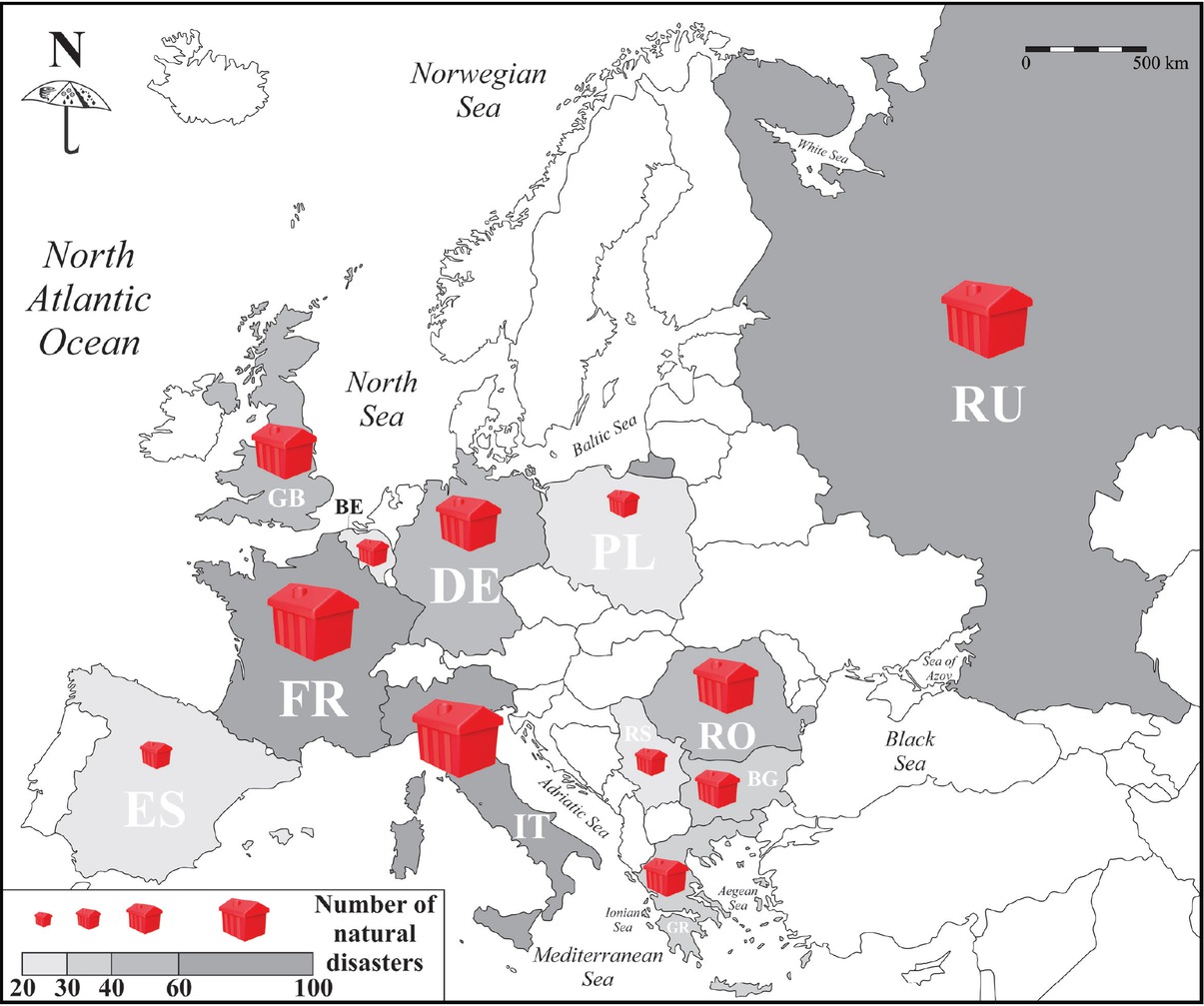 Figure 1 Spatial distribution of the study sample – the most affected European countries by natural disasters