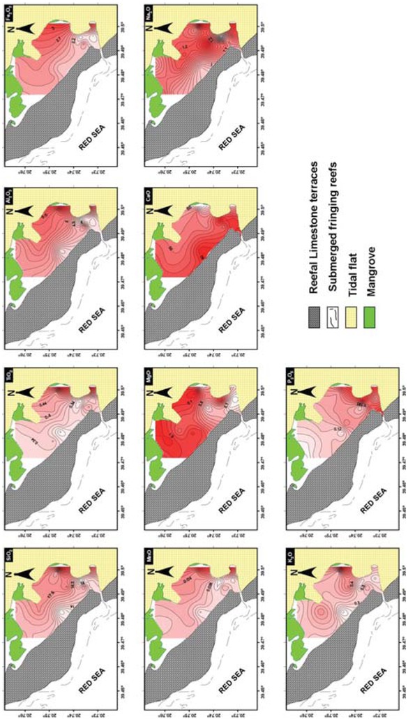 Figure 2 Contour maps showing the spatial distribution of major oxides (%) in the bottom sediments of Al-Shuaiba Lagoon