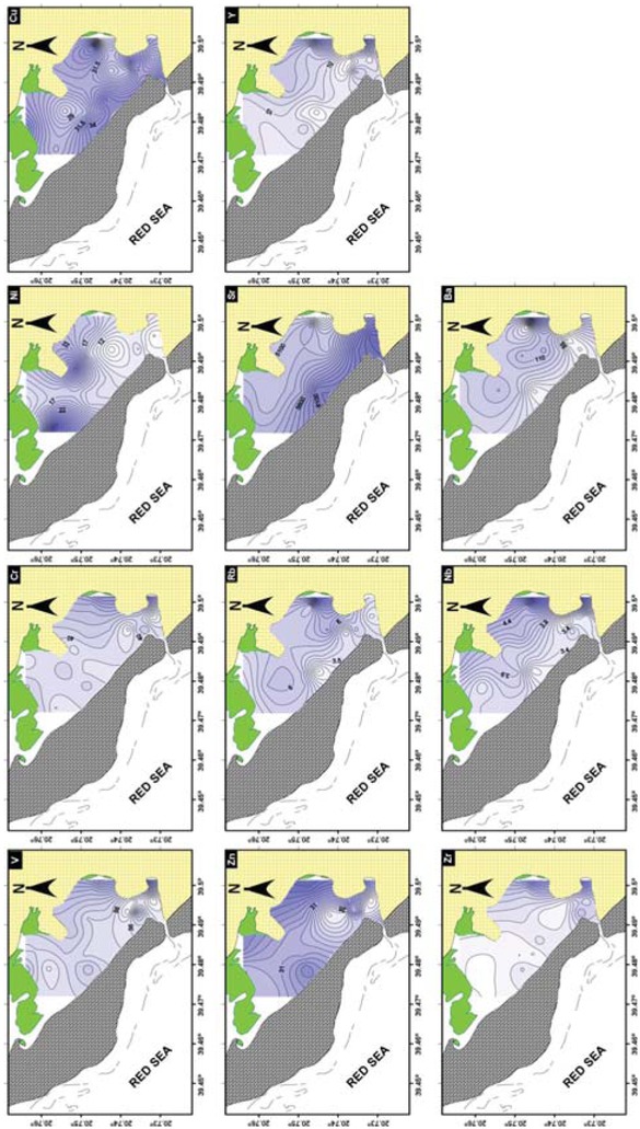 Figure 3 Contour maps showing the spatial distribution of trace elements (μg/g) in the bottom sediments of Al-Shuaiba Lagoon