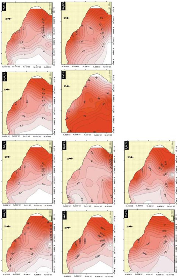 Figure 4 Contour maps showing the spatial distribution of major oxides (%) in the bottom sediments of Al-Mejarma Lagoon