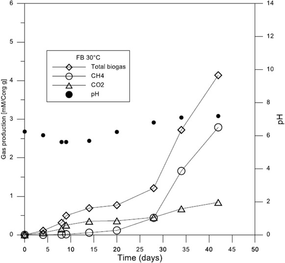 Figure 2 Biogas production over time in the FB agriculture substrate incubation experiment.
