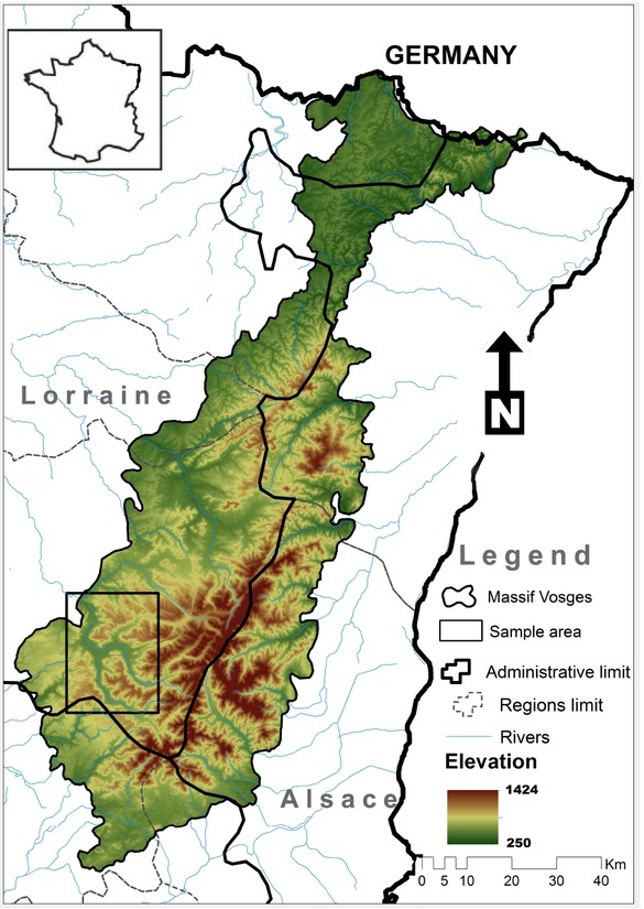 Figure 1 Location of Vosges Mountains and a sample area highlighted later