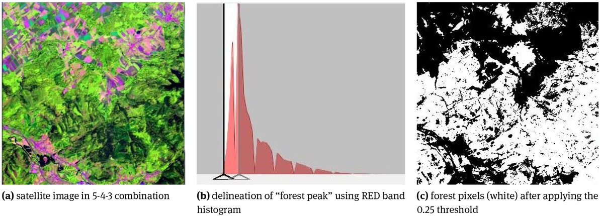 Figure 4 The procedure for the delineation of forest pixels based on the histogram for the local image window, (adapted after Huang et al. [30])