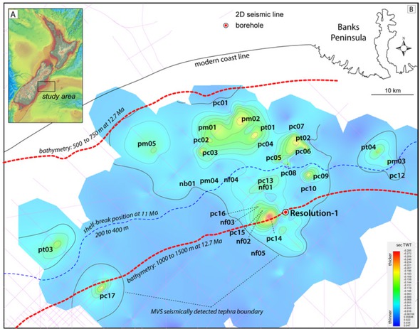 Figure 1 A) Location of the study area on a New Zealand topographic and bathymetric map (from Petroleum Exploration 2018 datapack). B) Paleogeography of the Maahunui Volcanic System. The names of each volcanic edifice in the MVS are shown on the map. Abbreviations for each volcanic element are: pc (positive cone), pt (positive trapezium), pm (positive mounds) represent cone-type volcanoes, nf (negative funnel-like) and nb (negative basin-like) correspond to crater-type volcanoes. Red dashed lines show the approximate bathymetry at the onset of eruptions in the MVS. The blue dashed line shows the position of the shelf-break at 11 Ma. Modified from [40].