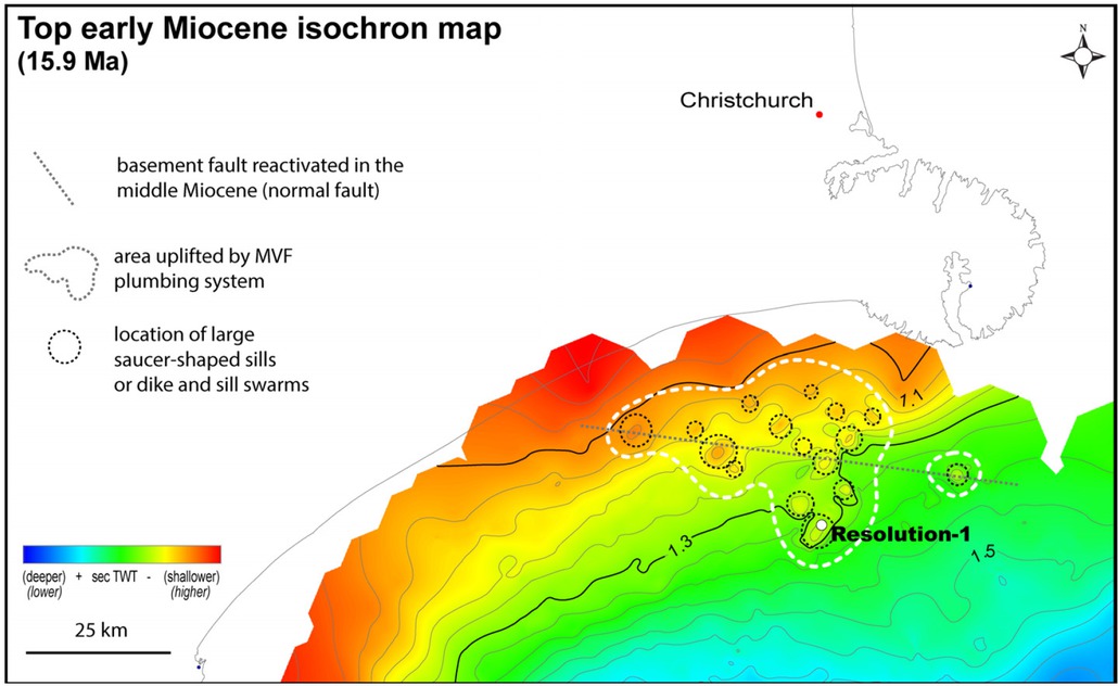 Figure 11 Top early Miocene isochron map of the northern part of Canterbury Basin. The area inside the white dashed line shows uplift with maximum vertical relief of ca 100 m, coincident with the location of large sills and dike and sill swarms of the MVS plumbing system.