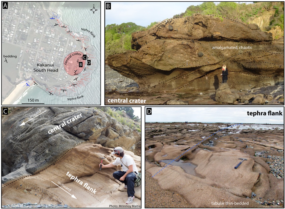 Figure 17 Photographs of potential analogue for MVS syn-eruptive architectural elements outcropping in Kakanui South Head submarine volcanic edifice, near Oamaru, South Island of New Zealand. A) Map showing the location of the vent and flanks of the cone. B) Massive, chaotic to amalgamated intra-crater lapilli-tuff to tuff-breccia interpreted to be deposited by tephra jets, ballistic and debris flow of material remobilized into the central crater [121, 122]. C) Angular contact between amalgamated beds dipping inward towards the central crater, and tabular layers of tephra outwardly dipping towards the flanks of the edifice. D) Thin-bedded, tabular, semi-circular layers of lapilli-tuff formed by low-volume tephra jetting and eruption-fed density currents deposited at the flanks of the volcanic edifice [104, 121].
