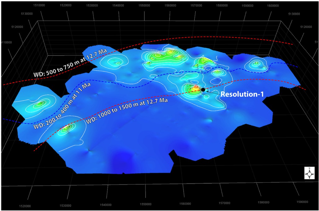 Figure 23 3D view of the isochron map that represent the syn-magmatic sequence of the MVS. Rainbow colours are the equivalent thickness of this sequence and represent the paleogeography of the study area at 11.5 Ma. Red dashed lines show the approximate bathymetry at the onset of eruptions in the MVS (12.7 Ma). Blue dashed line shows the position of the shelf-break at 11 Ma.