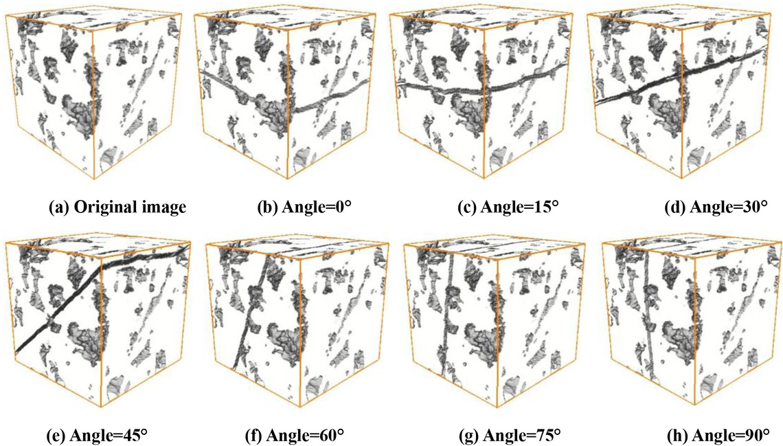Figure 6 Digital rocks and their slices of carbonates with different porosities generated afterdilation process. (a) Original image (Φ= 23.26%); (b) Image after 1 dilation (Φ= 17.76%); (c) Image after 2 dilation (Φ= 13.5%); (d) Image after 3 dilation (Φ= 10.22%)