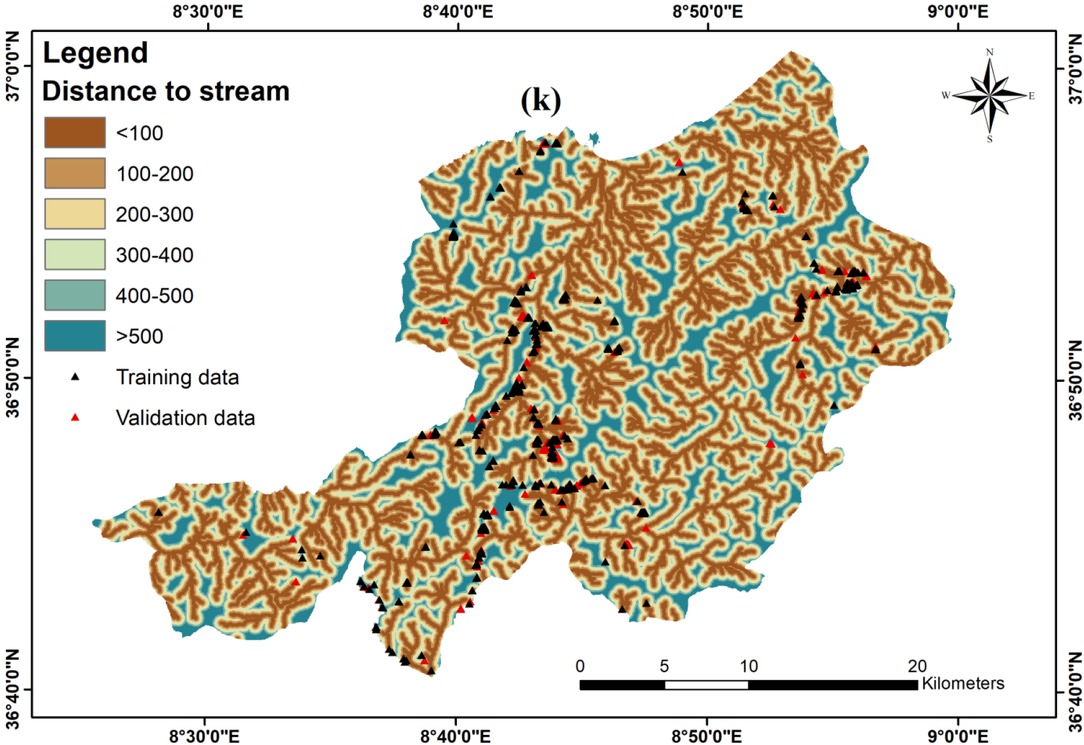 Figure 2k Landslide conditioning factors – distance to drainage network