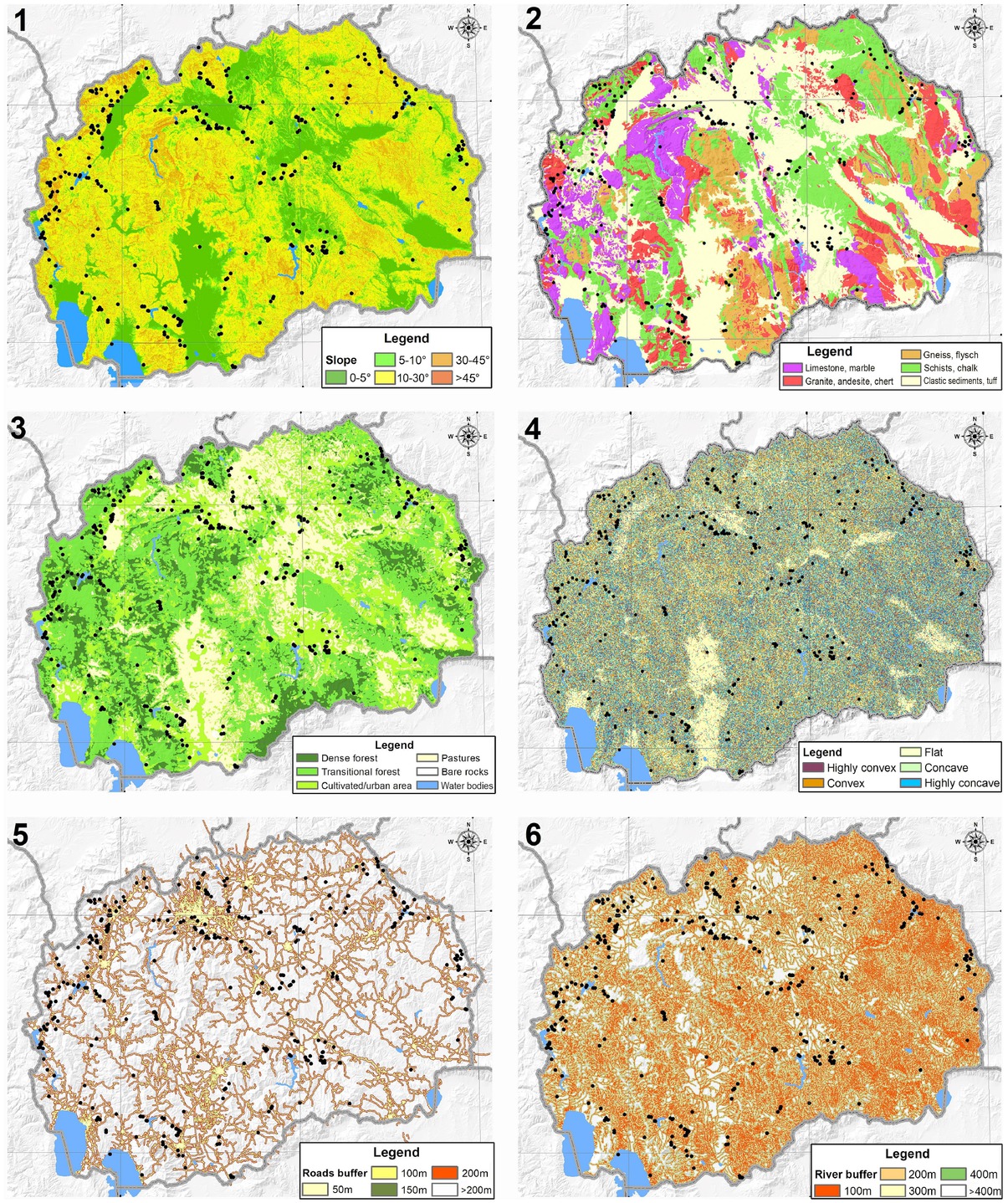 Figure 2 Raster layers of selected landslide-triggering factors: 1) slope, 2) lithology, 3) land cover, 4) planar curvature, 5) road network buffers, and 6) river network buffers. Black dots represent landslides from the landslide inventory.