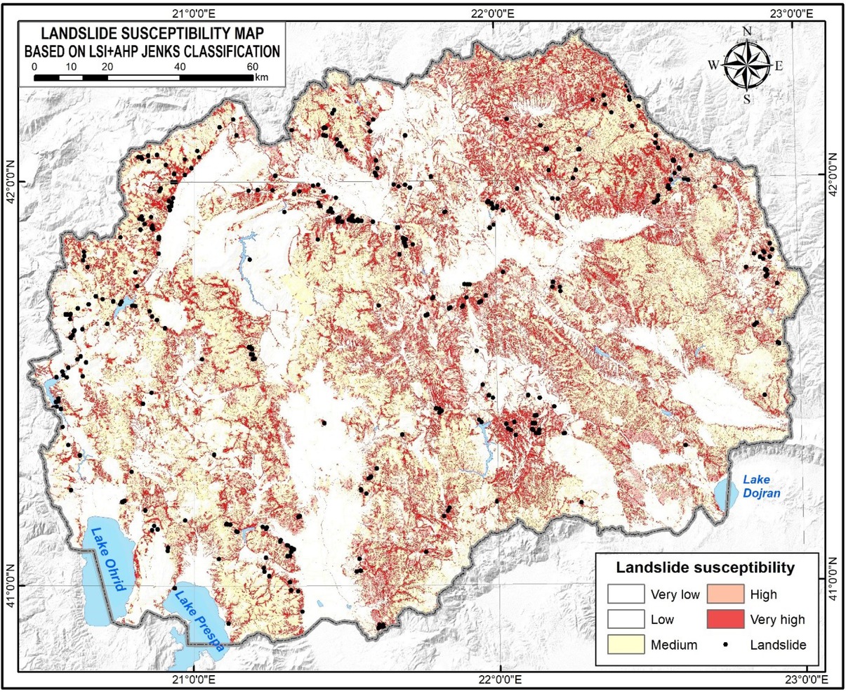 Figure 5 Combination of LSI (frequency ratio) and AHP-based landslide susceptibility map of North Macedonia (natural breaks classification).