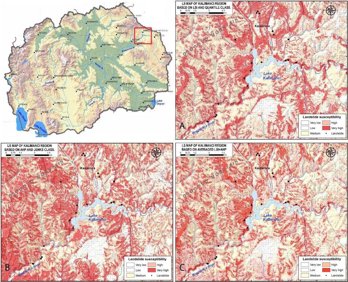 Figure 7 Part of the: A) LSI, B) AHP, and C) combined LSI+AHP LS maps in the Lake Kalimanci area (indicated with a red square on the country map; upper left).