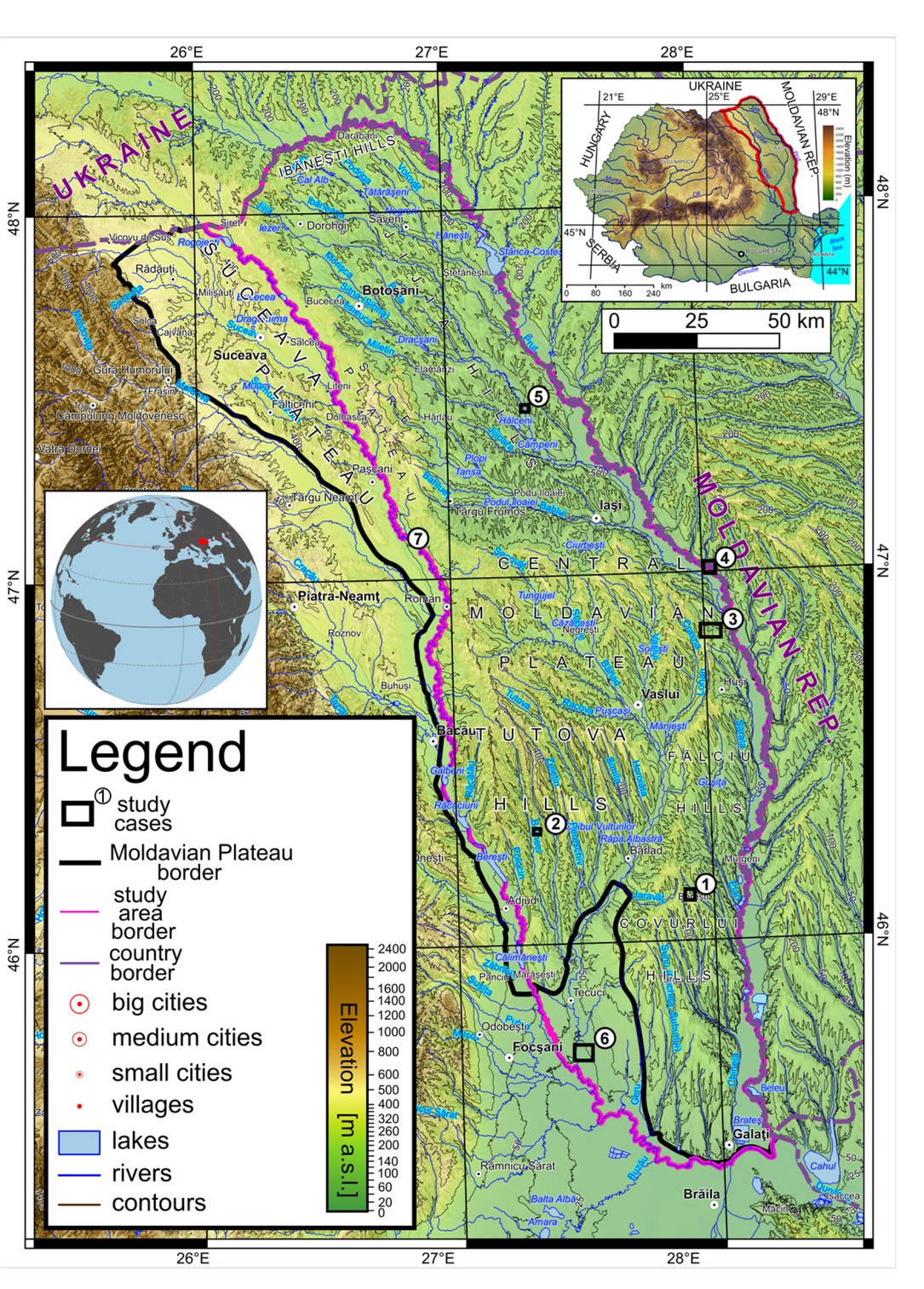 Figure 1 The geographical location of the study area. The numbers from 1 to 6 indicate the locations of study cases, according to the Table 2; 7 - Alexandru Ioan Cuza Village.