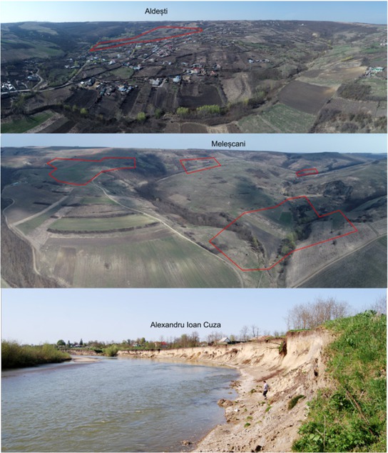 Figure 5 Aerial (UAV aquisition) and terrestrial photos of Aldeşti, Meleşcani and Alexandru Ioan Cuza study cases.