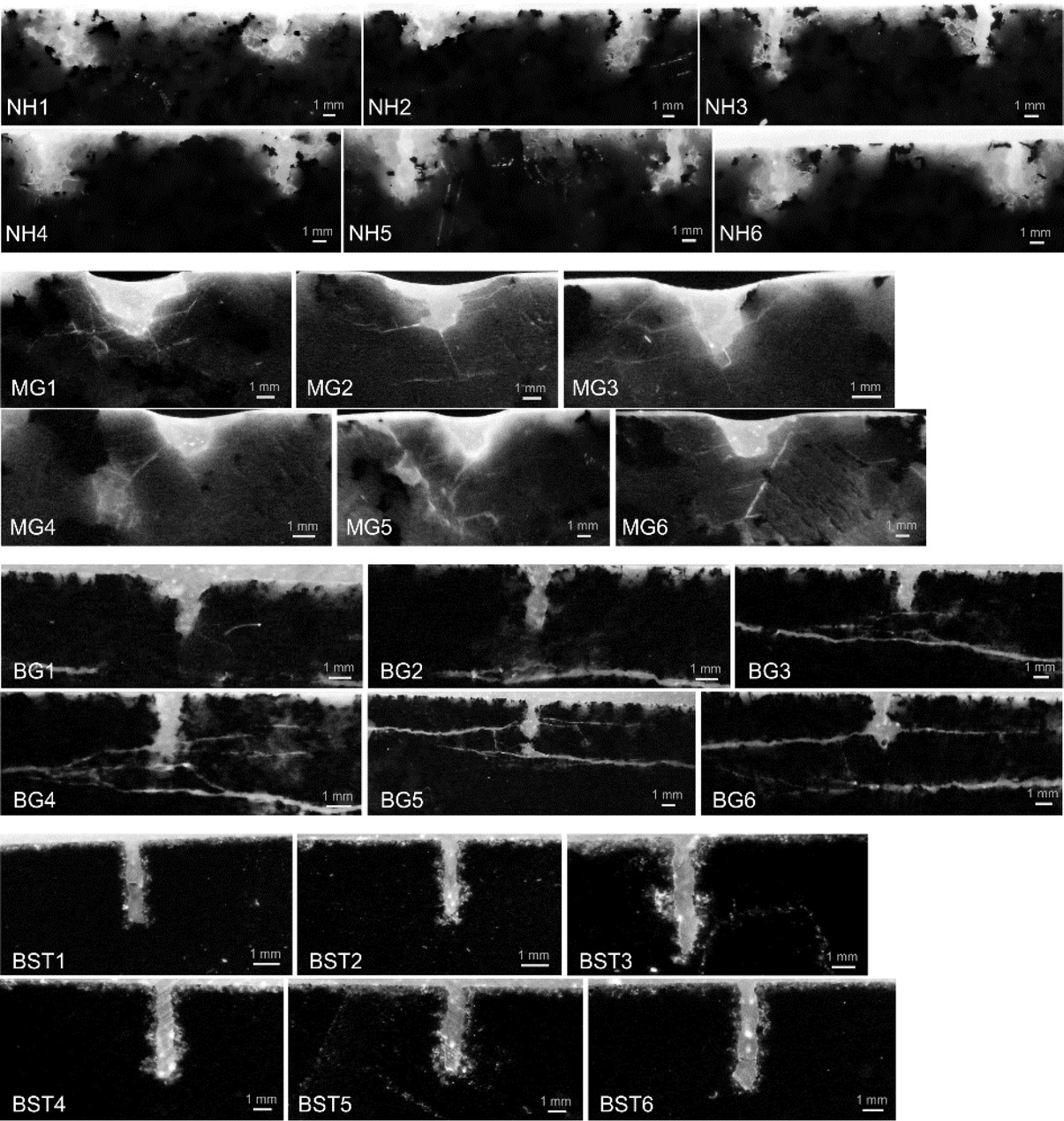 Figure 3 Results of crack evaluation for jet cutting experiments under atmospheric conditions. Each picture shows the same kerf(s), but at successive positions along their cutting track. For instance, for Neuhauser granite this means that the position of NH1 is 0.0, of NH2 is 2.5, of NH3 is 5.0, of NH4 is 7.5, of NH5 is 10.0 and the position of NH6 at 12.5 mm. The associated radii for the kerfs are shown in Table 2.