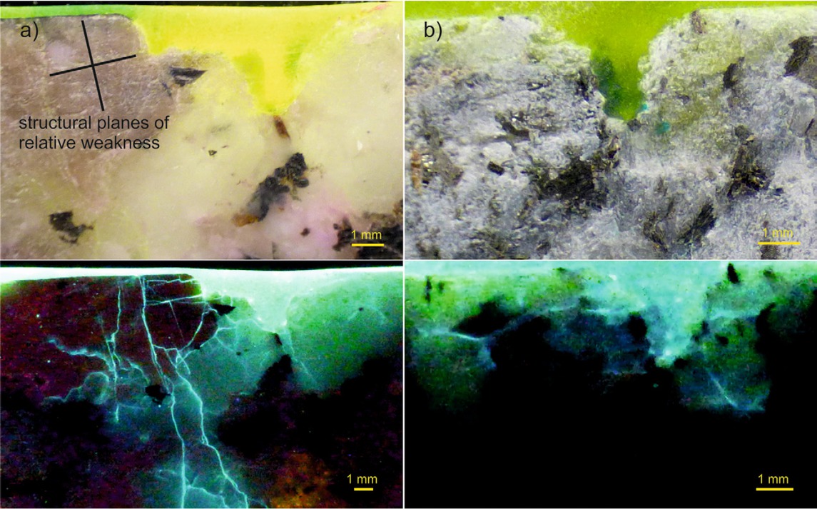 Figure 4 The different types of crack propagation, depending on the mineralogical composition, are shown. On the one hand, the crack pattern in Monzo granite with dominant transgranular cracks along the two structural planes of relative weakness (parting surfaces) (a). On the other hand a jetted kerf in Basel granite, outside the fine-grained xenolith lens with no preferential type or direction of microcracking (b).