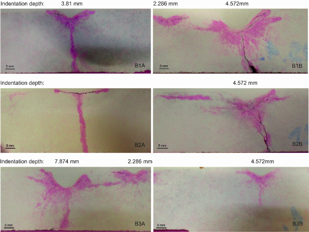 Figure 13 Rock specimens of baseline experiments, prepared with the dye penetration procedure.