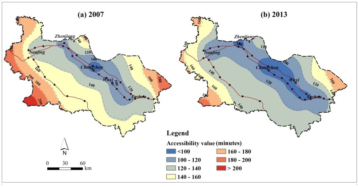 Figure 3 The contour of the accessibility value at regional scale