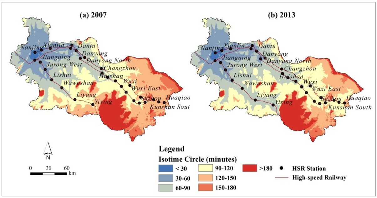 Figure 4 Isochronous rings and change rate of accessibility value at regional center city scale