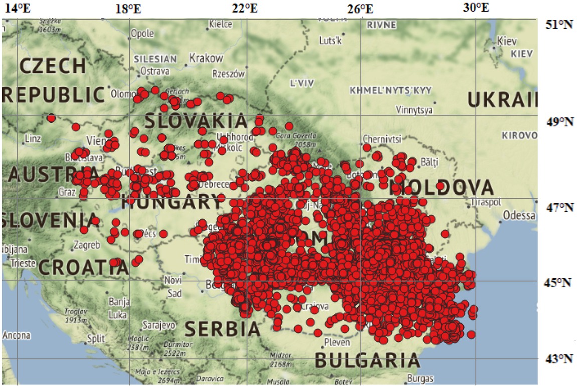 Figure 1 Epicentres map of shocks (ML ≥ 1.6) throughout the Carpathians arc during 1976-2017