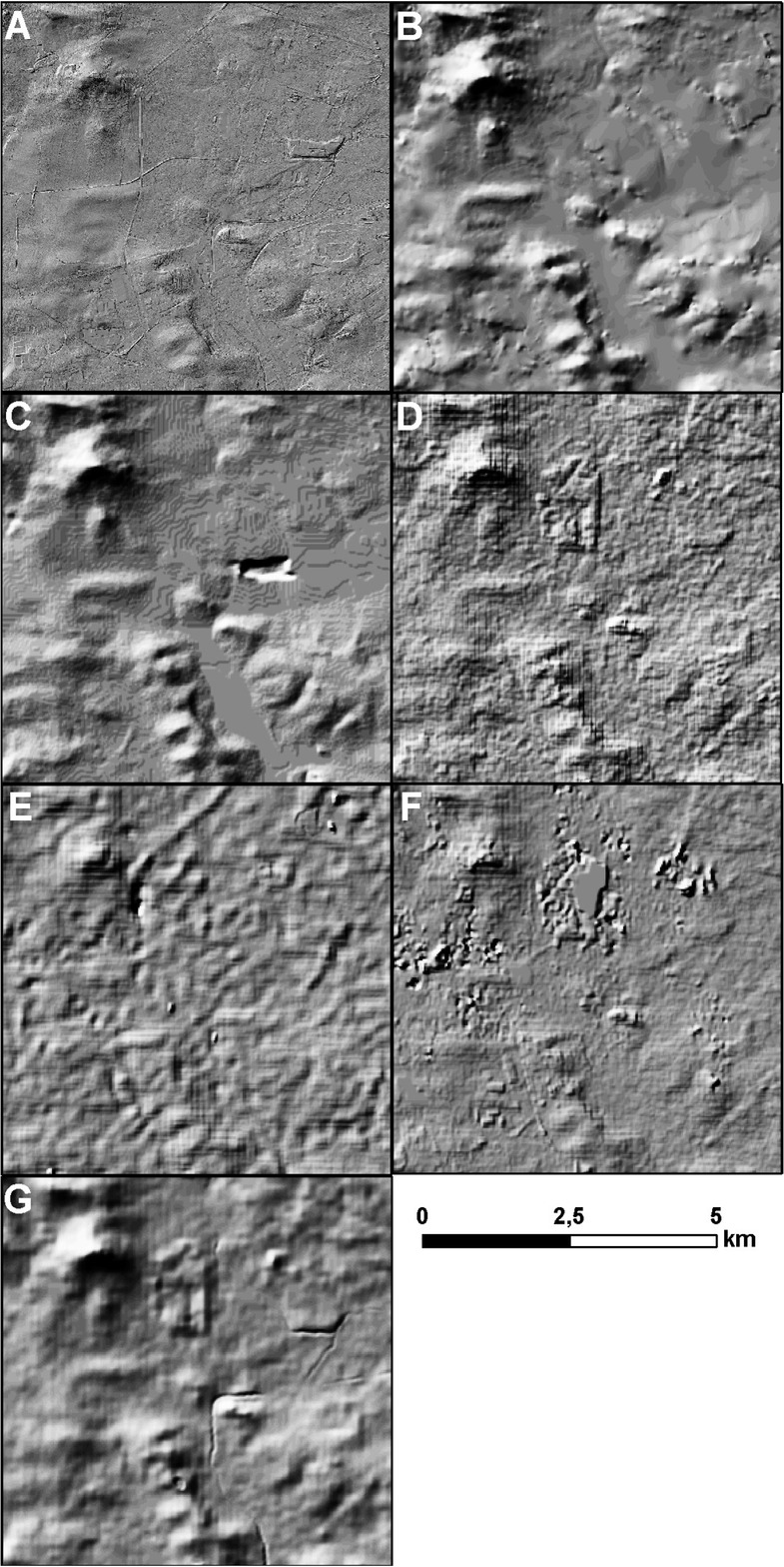 Figure 2 Hillshaded maps: LiDAR-DEM (A), Topo-DEM (B), DTED-2 (C), SRTM (D), ASTER GDEM (E), AW3D30 (F), EU-DEM (G)