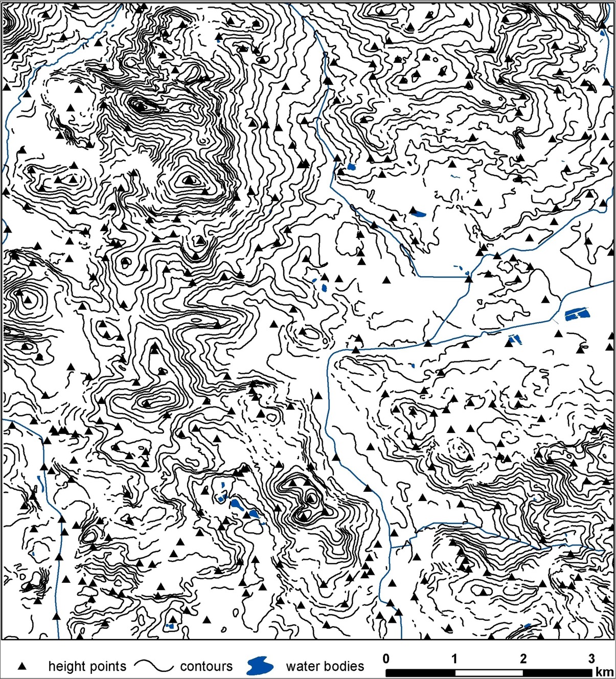 Figure 3 Digitized contour lines, elevation points and water-courses